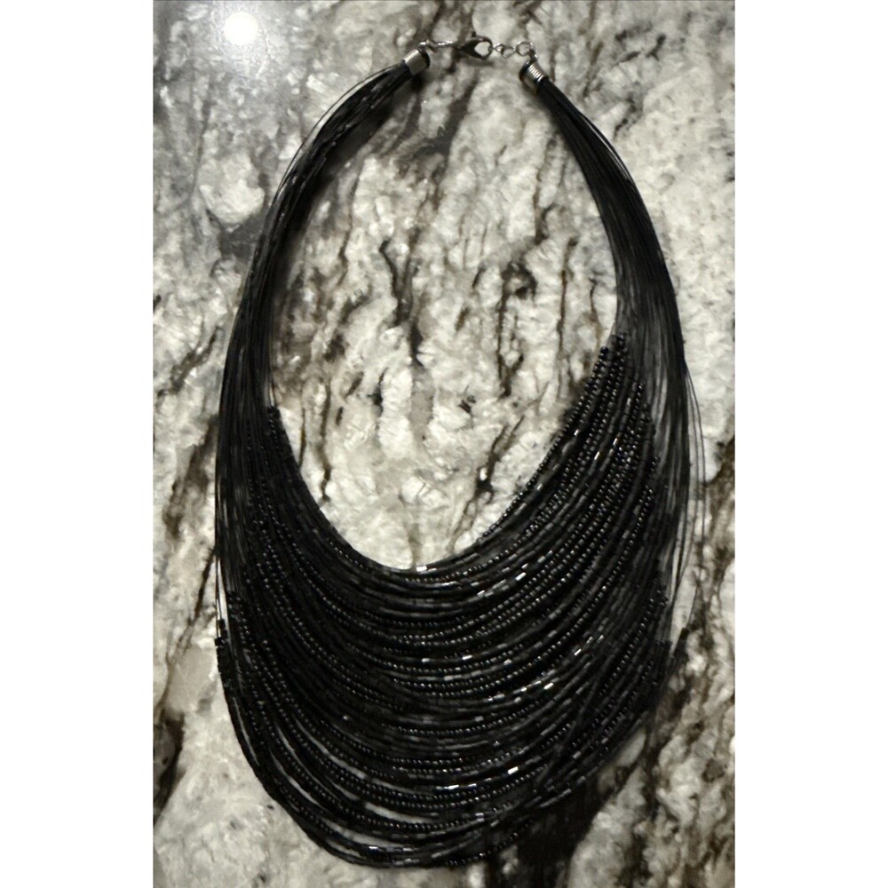 18" Long Black Beaded Multi-Layered Necklace